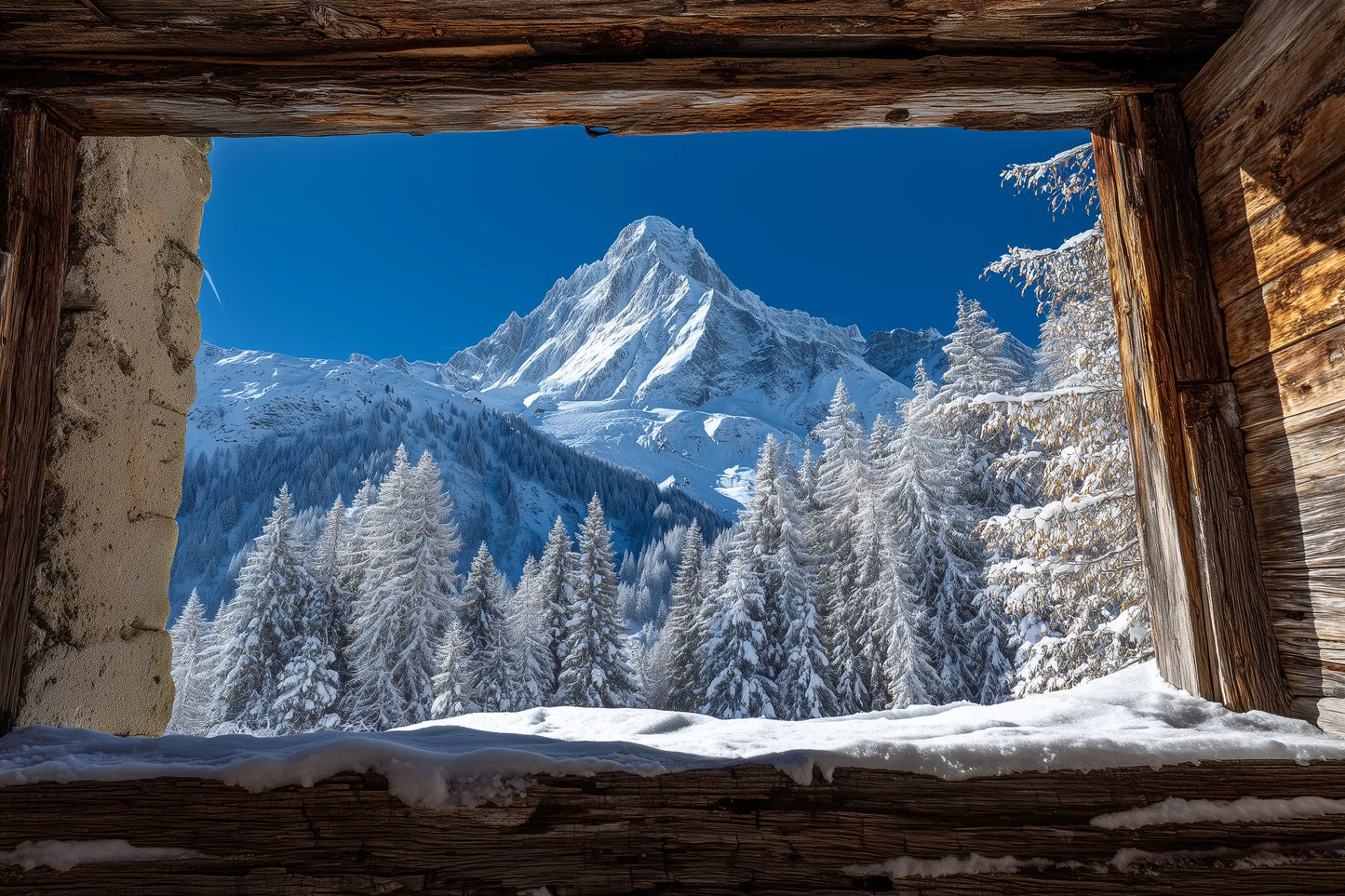 A scenic winter mountain landscape framed by a rustic wooden window or doorway, with snow-covered evergreen trees and a sharp snow-dusted peak under a vivid blue sky.