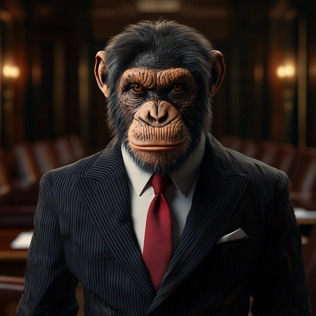 A chimpanzee dressed in a dark pinstripe suit, white dress shirt, and red tie, standing in a dimly lit courtroom or hall.