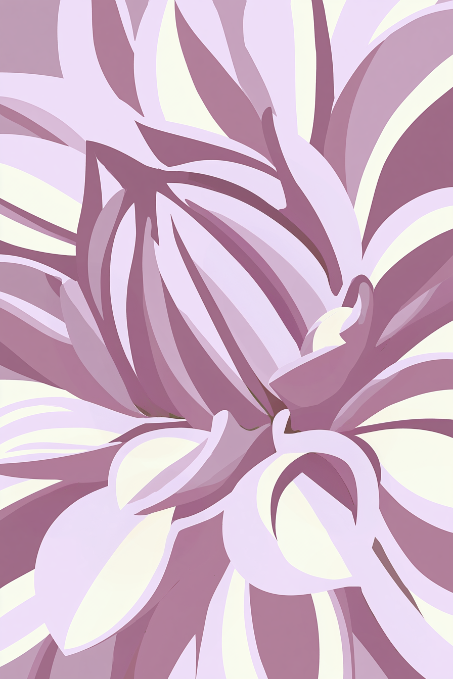 A stylized close-up floral graphic showing an abstract Dahlia with layered petals in shades of lavender, mauve, and pale cream on a white background.