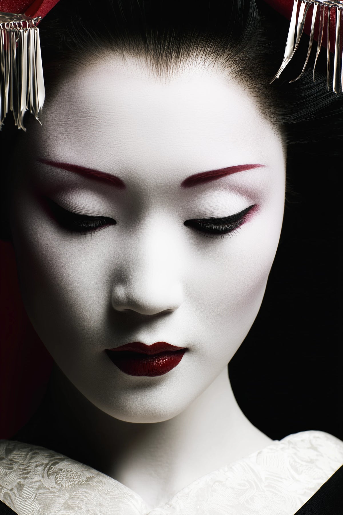 A close-up portrait of a Geisha with dramatic white face makeup, dark red eyebrows and lips, black eyeliner, and traditional Japanese hair ornaments against a black background.