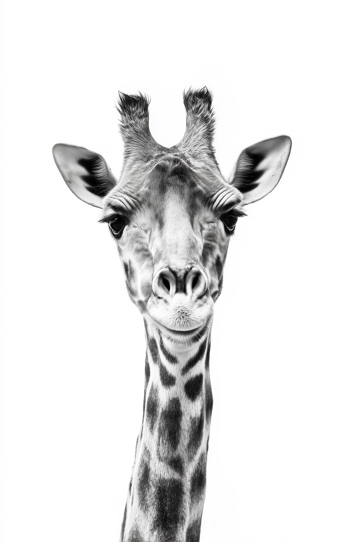 Black and white close-up portrait of a giraffe's head and neck against a plain white background.