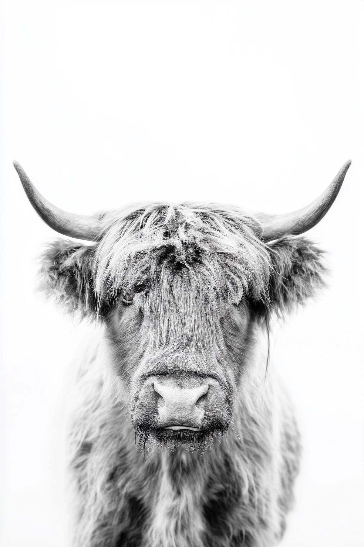 Black and white portrait of a Highland cow with long horns and shaggy fur against a plain white background.
