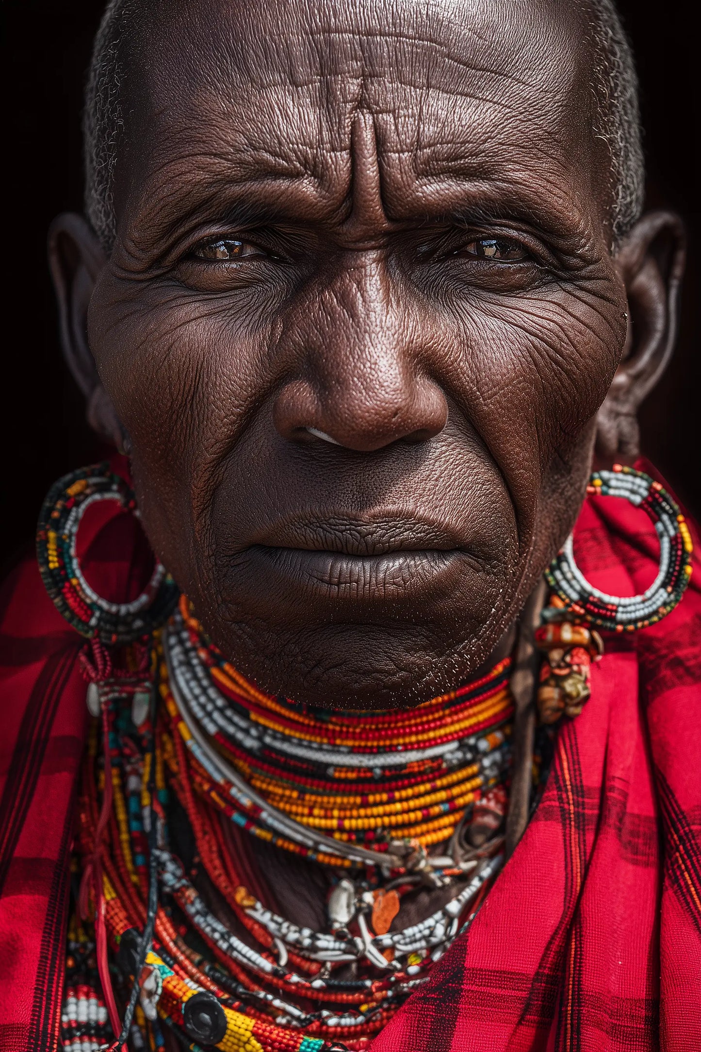 Close-up portrait of a Maasai wearing layered beaded necklaces, large hoop earrings, and a red patterned garment against a dark background.