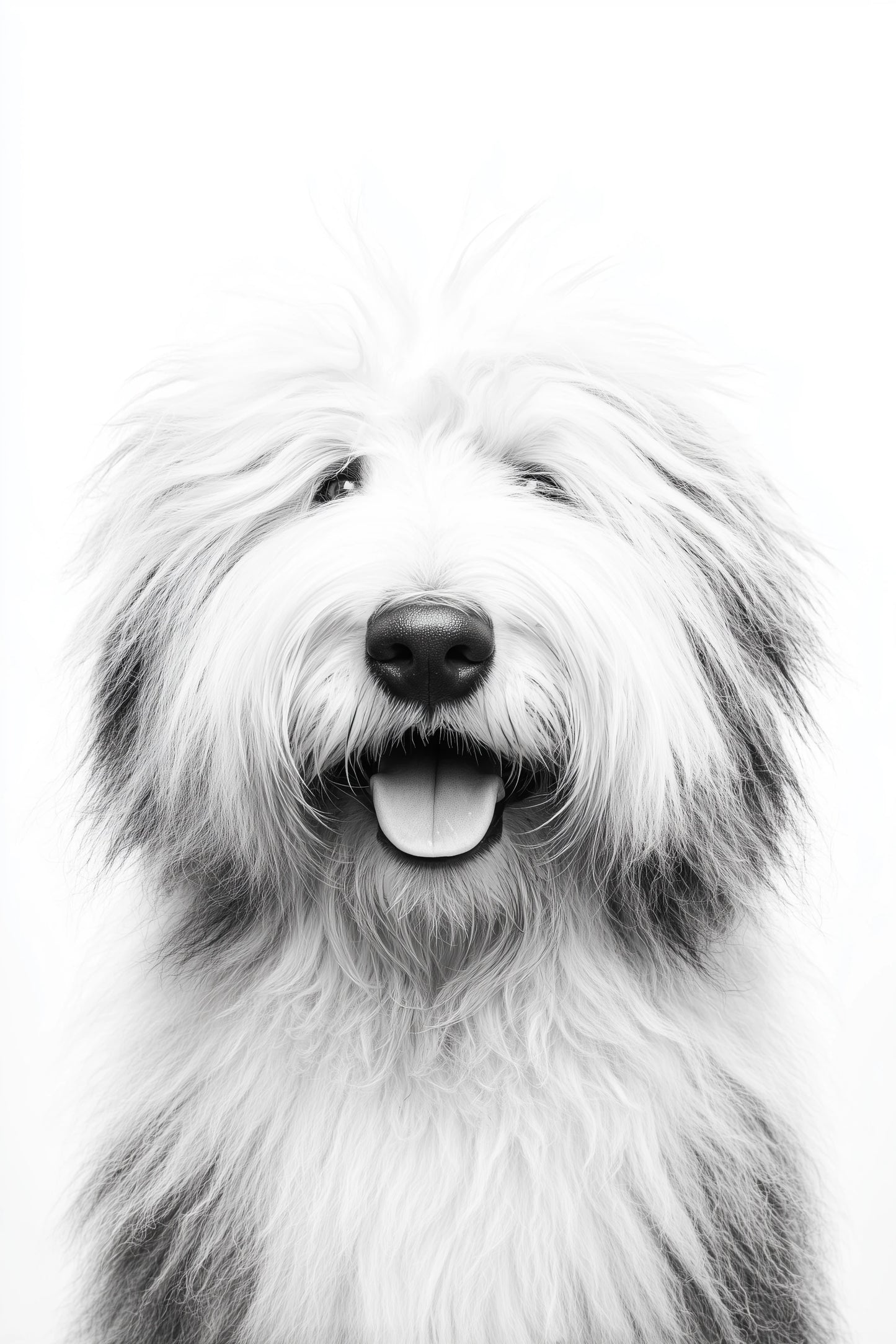 A black and white close-up portrait of a fluffy dog with its mouth open, set against a plain white background.