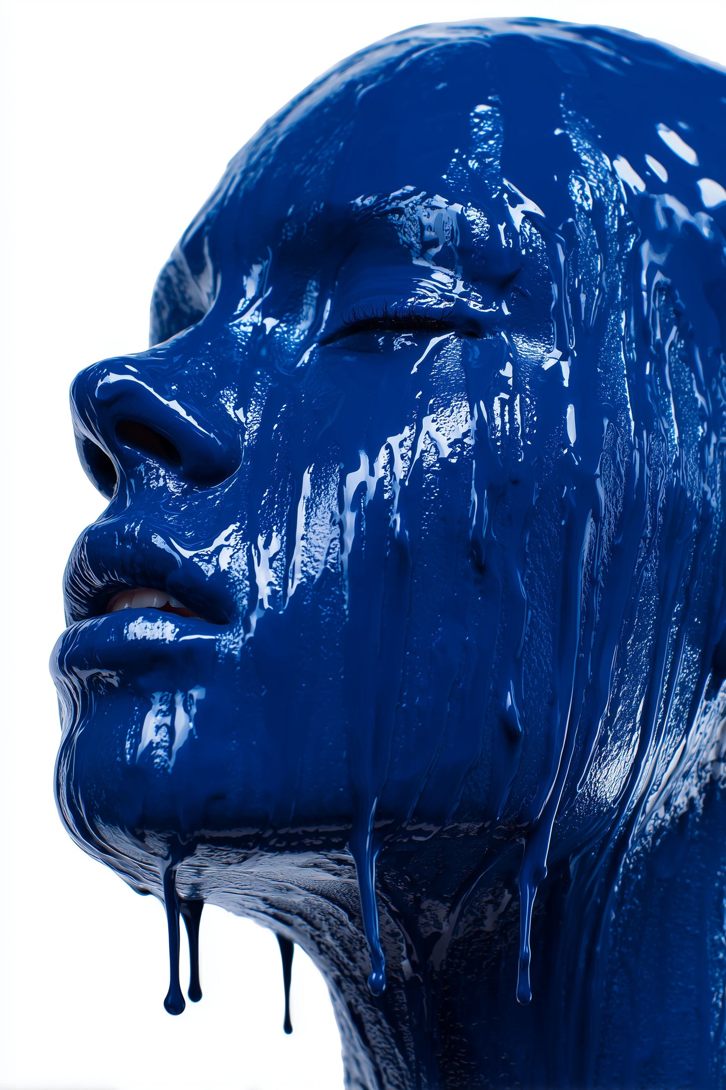A close-up portrait of a person's face and neck covered in glossy dripping blue paint against a plain white background.