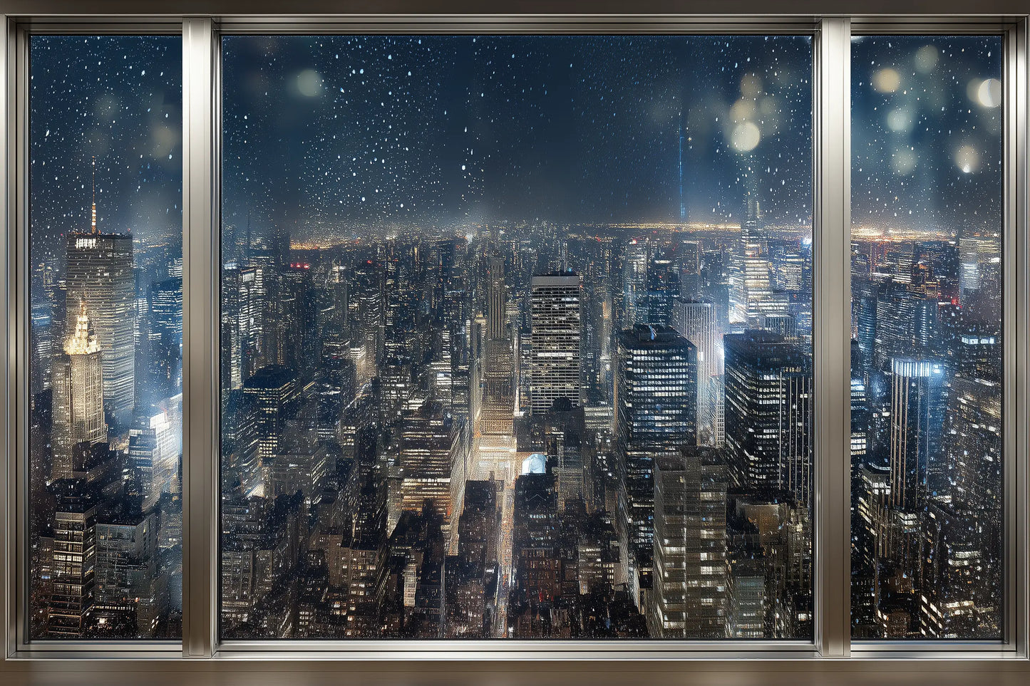 A large multi-pane window view of a dense city skyline at night, with snow or raindrops on the glass and glowing buildings in the distance.
