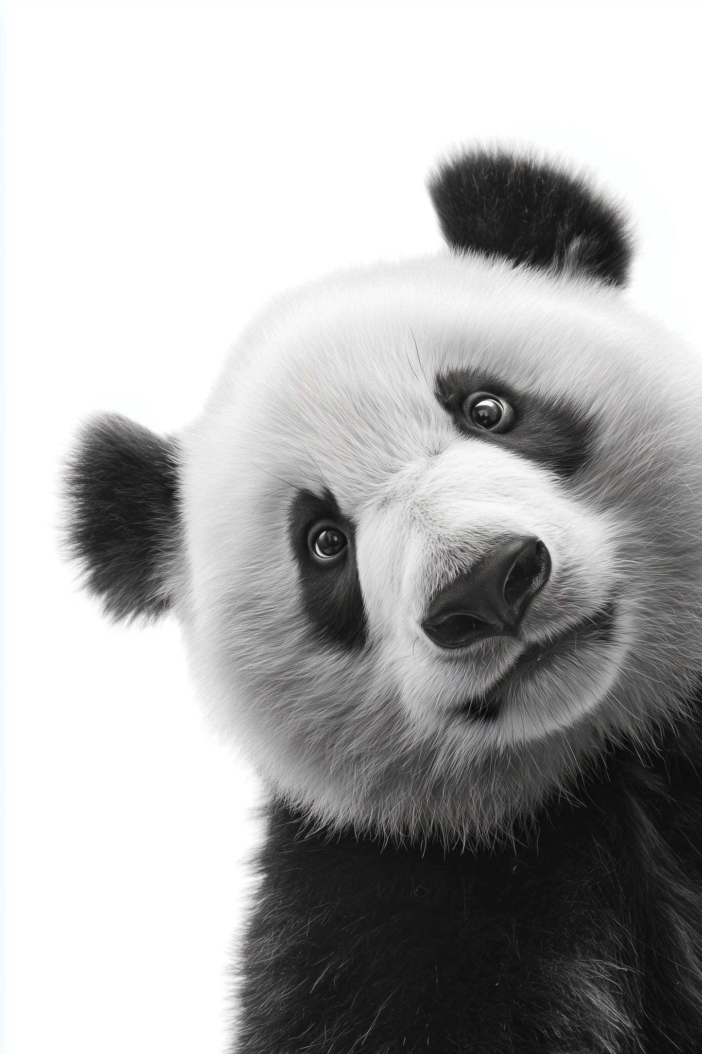 Black and white studio photography of a curious Panda looking directly into the camera
