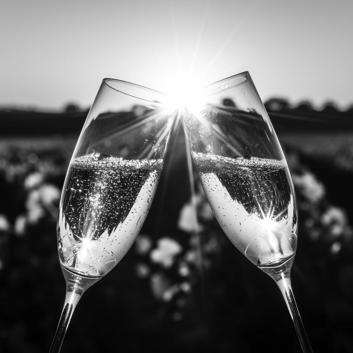 Two champagne flutes clinking together in a black and white outdoor photograph, with bright sunlight bursting through the tips and sparkling bubbles visible in the liquid.