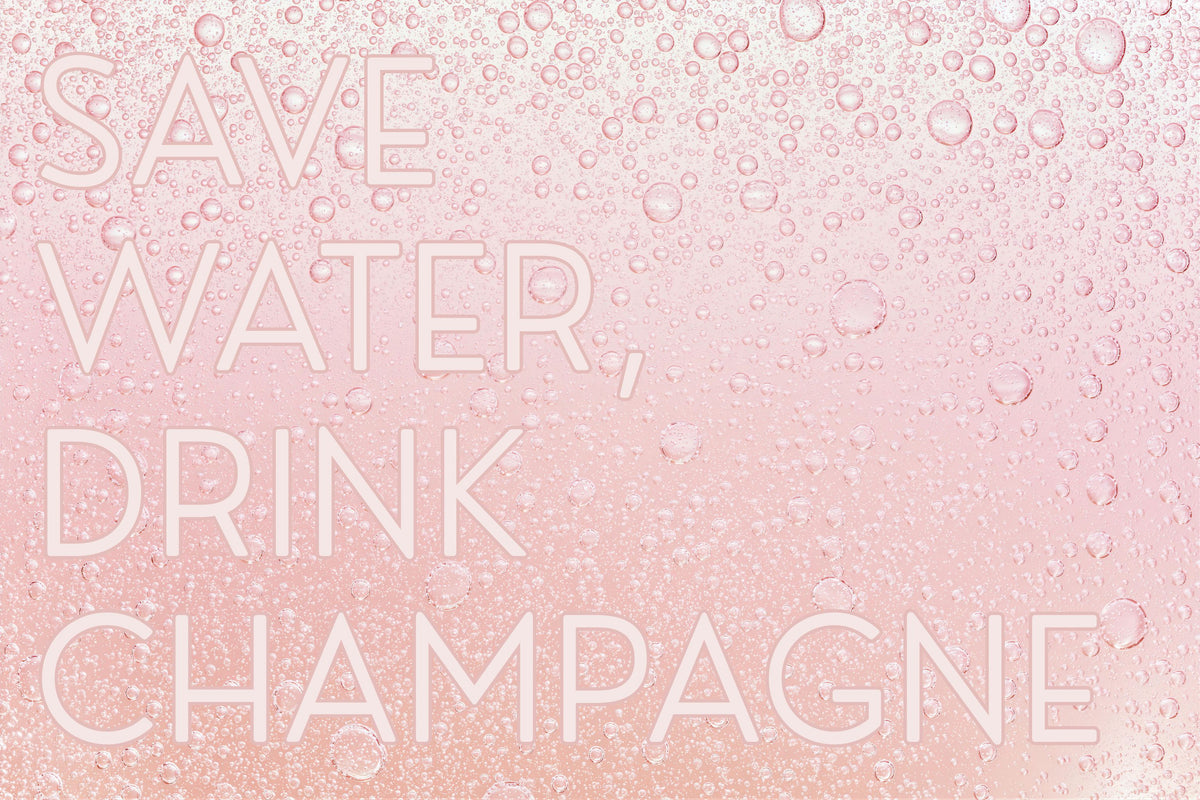 A rectangle graphic with the phrase 'SAVE WATER, DRINK CHAMPAGNE' in large, thin white sans-serif letters over a soft pink background filled with bubbles.