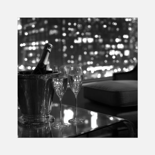 Fine art print wall art of two champagne glasses and a bottle in an ice bucket on a table with a cityscape in the background.