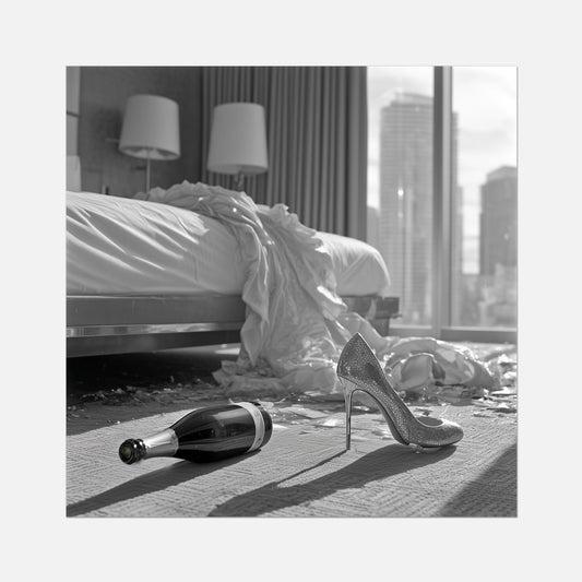 Fine art print of black and white photo of a bottle and high heels on a bed with cityscape view.