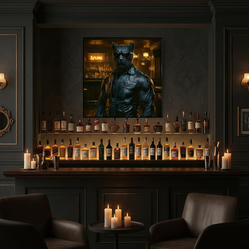 Bar setting with shelves of bottles, framed picture of a Black Panther wearing a leather jacket, and candles on a table.