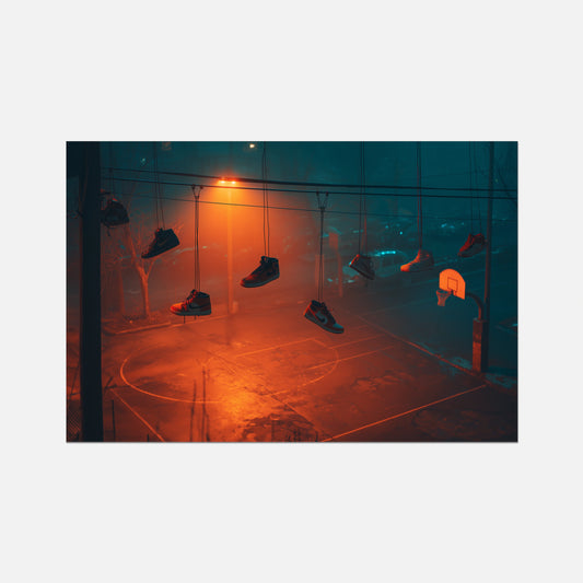 Basketball shoes hanging from a basketball hoop on a foggy night.