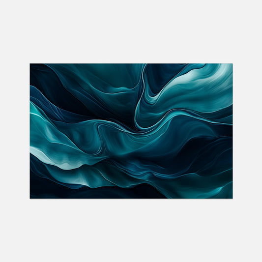 Abstract wall art print featuring flowing, liquid-like waves in deep teal, blue, and black tones, centered on a light gray background.