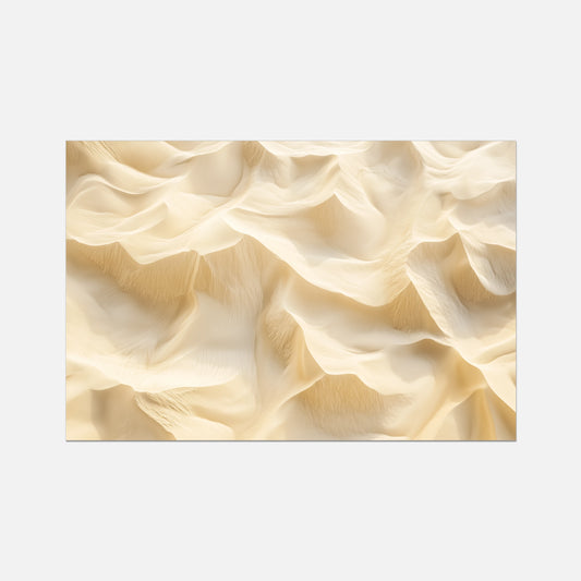 A rectangular wall art print featuring an abstract, textured design of flowing, layered ripples in warm cream and beige tones, shown against a solid light gray background.