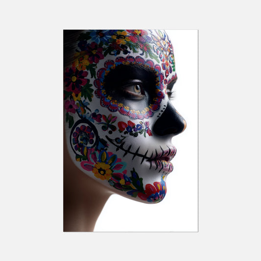 Framed artwork of a colorful skull with floral patterns on a white background