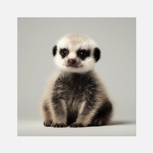 Framed print of a baby meerkat on a gray background