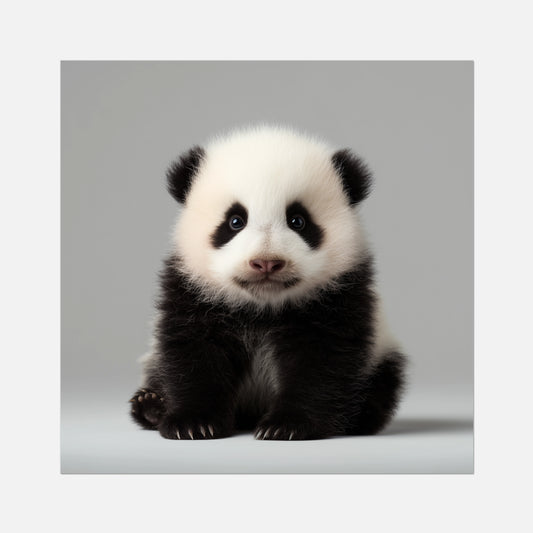 Cute panda cub sitting on a light gray background