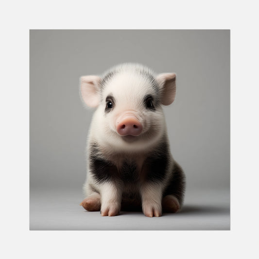 A square art print featuring a cute, black-and-white piglet sitting against a neutral gray background, centered with a white border.