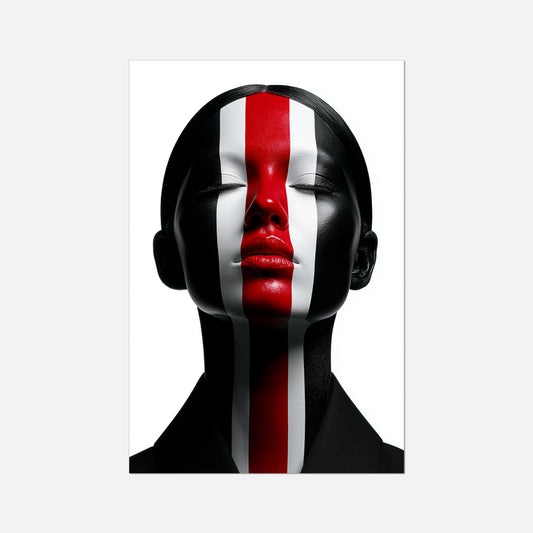 Sculptural artwork with black, red, and white design on a white background