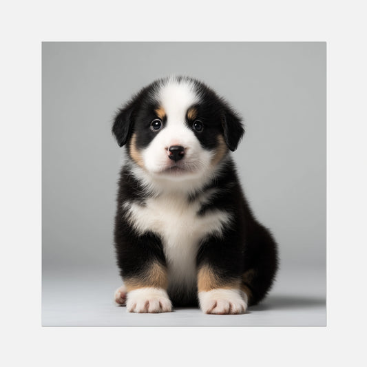 A square art print featuring a cute Swiss mountain dog puppy sitting on a light gray background, presented on a white canvas with a subtle drop shadow.