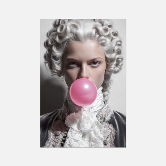 A vertical art print featuring a portrait of a woman with an elaborate white powdered wig blowing a large pink bubblegum bubble, set against a light gray background.
