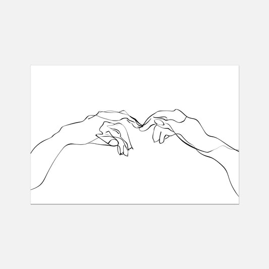 Line art of two hands reaching towards each other on a white background