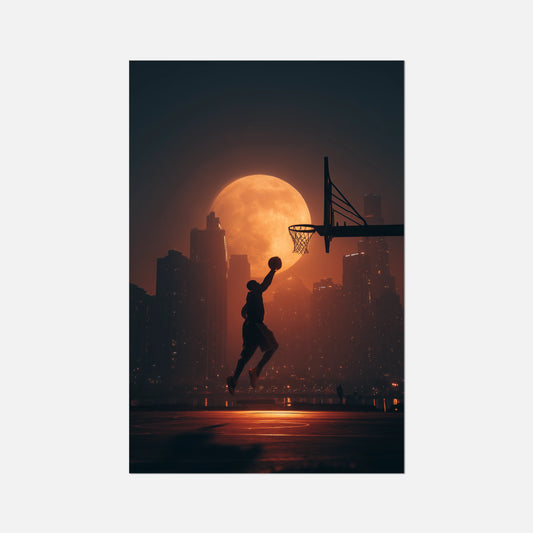 Silhouette of a basketball player dunking against a city skyline with a large moon.