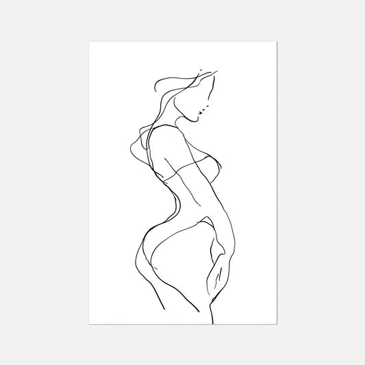 Single black line art of a female figure on a white background