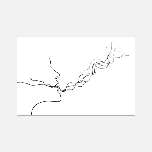 A minimalist black line art print depicting a human face and hand forming a heart shape, presented on a white rectangular card against a light gray background.