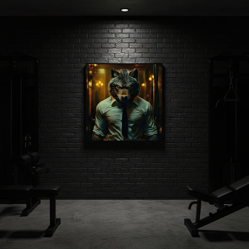 Framed artwork of a wolf wearing a white shirt on a brick wall in a dimly lit home gym.