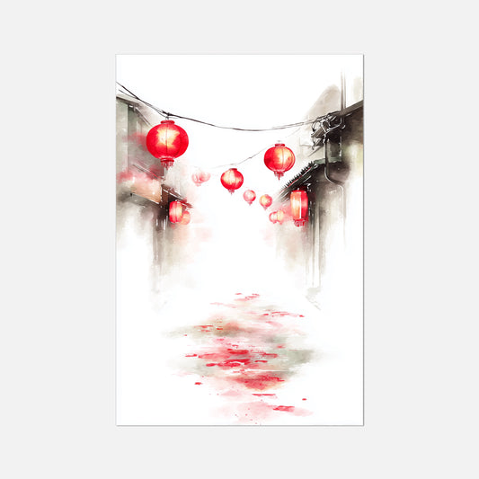 Artistic depiction of red lanterns hanging above a waterway with blurred background