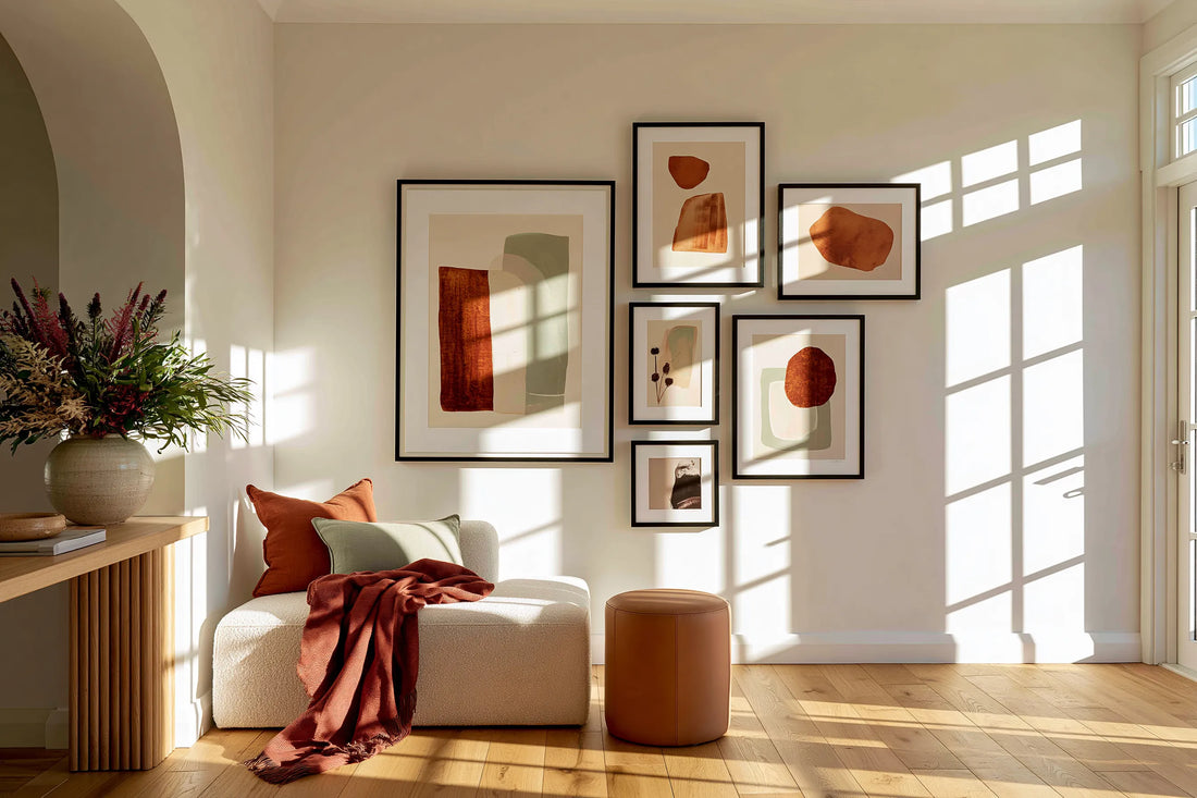Modern Australian Living area with small chaise and foot stool, sun beams into room and showcases a magnificent gallery wall featuring six abstract prints, earthy warm tones