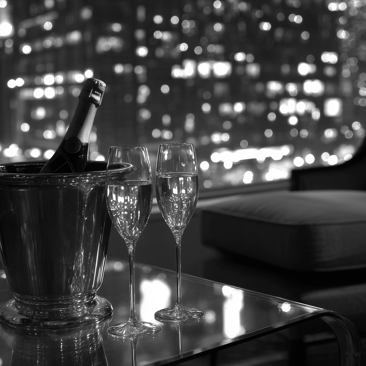 A black and white photograph of a champagne bottle in a metal ice bucket with two filled champagne flutes on a reflective table, set against a blurred city skyline at night.