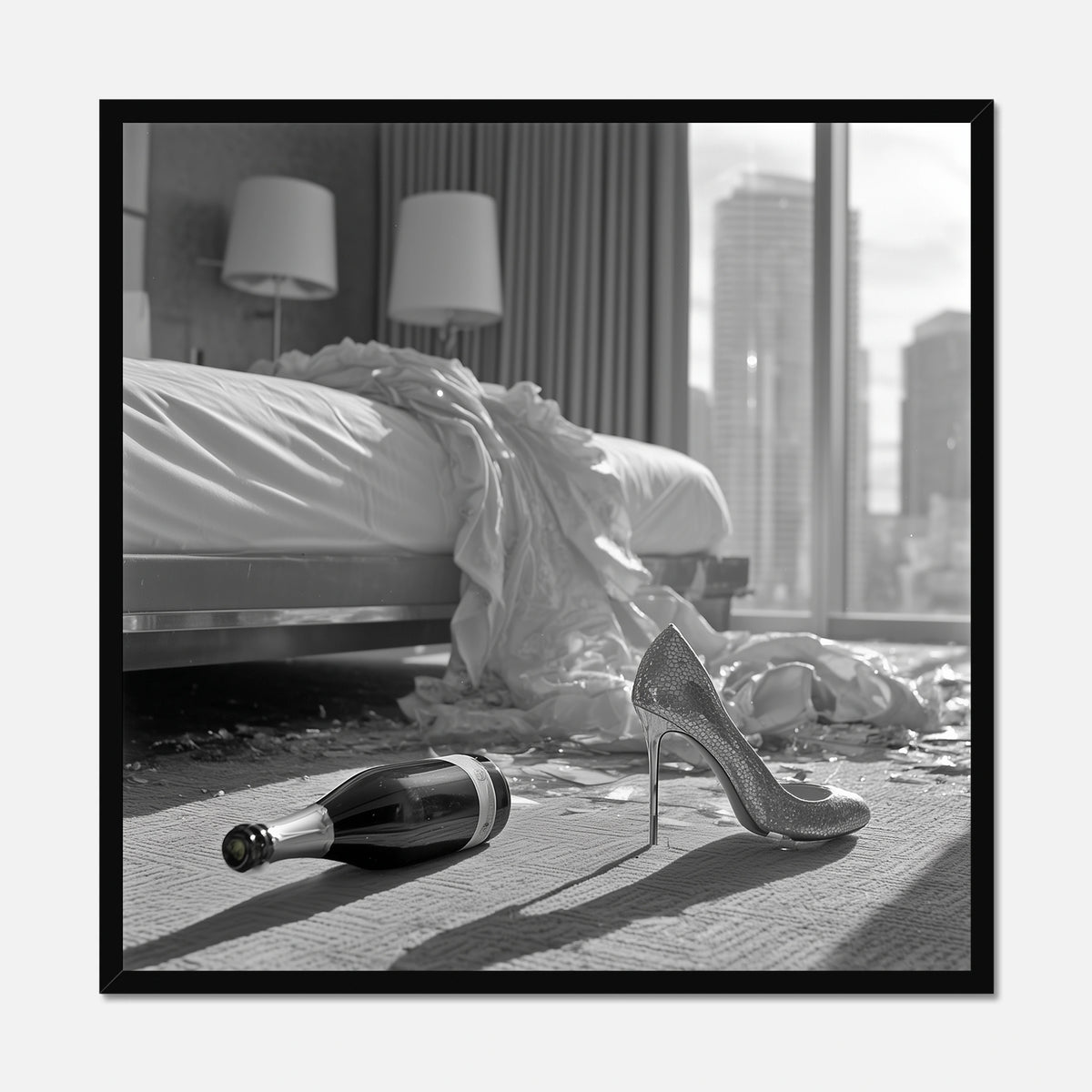 Black framed, black and white photo of a bottle and high heels on a bed with cityscape view.
