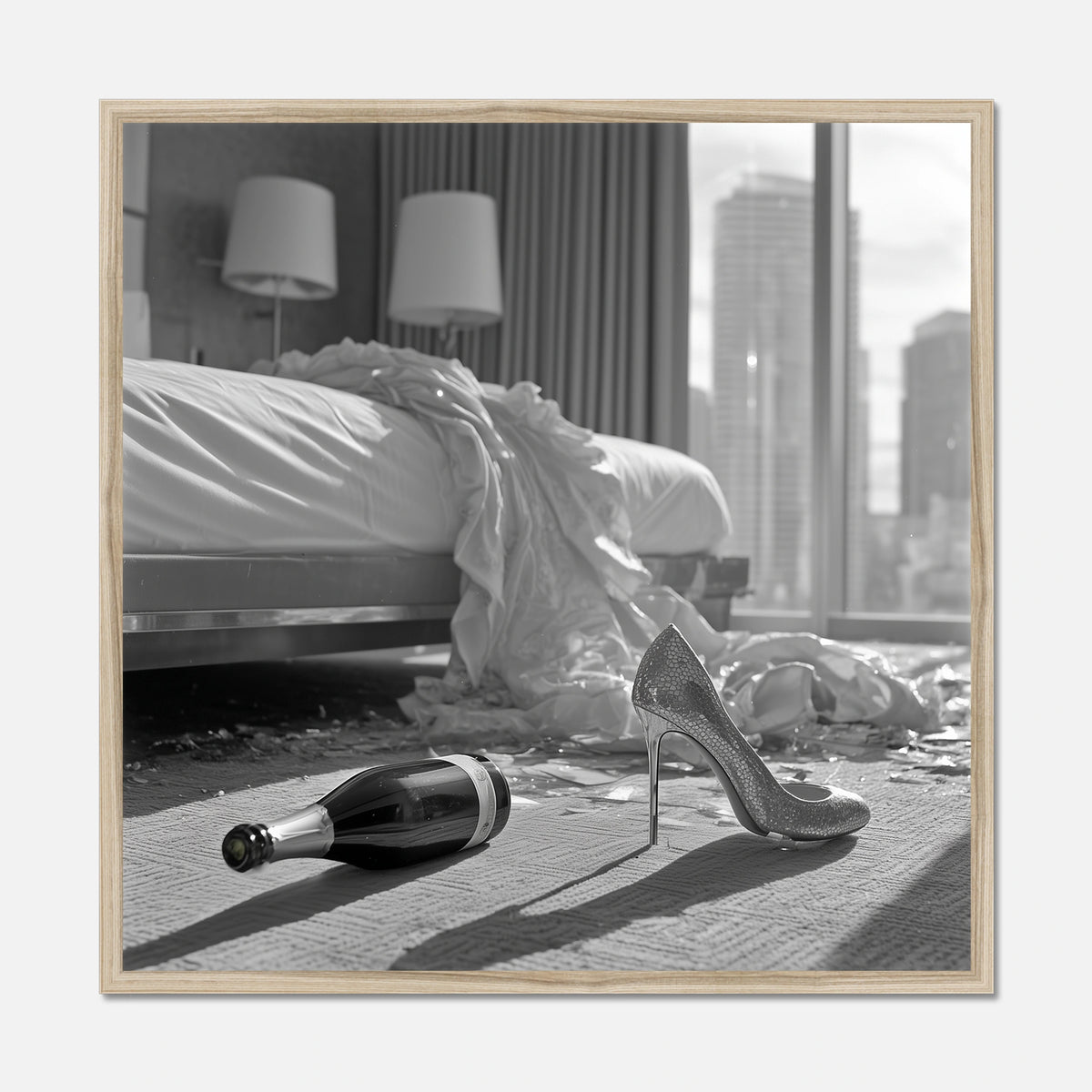 Natural oak framed, black and white photo of a bottle and high heels on a bed with cityscape view.