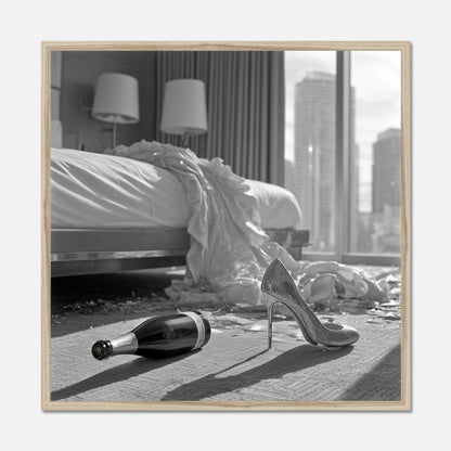 Natural oak framed, black and white photo of a bottle and high heels on a bed with cityscape view.