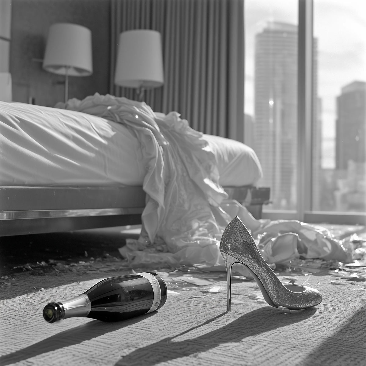 A single high-heeled stiletto shoe with a sparkling silver finish stands on a carpeted floor in a luxury bedroom, next to a champagne bottle lying on its side. The background features a messy white bed, bedside lamps, and a large window overlooking a city skyline.