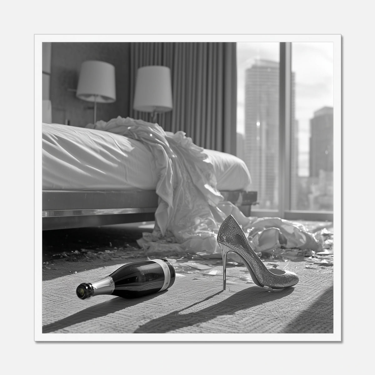 White framed, black and white photo of a bottle and high heels on a bed with cityscape view.