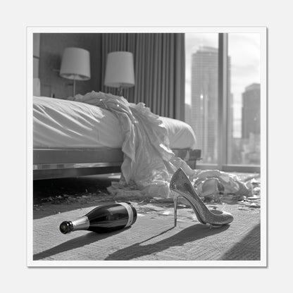 White framed, black and white photo of a bottle and high heels on a bed with cityscape view.