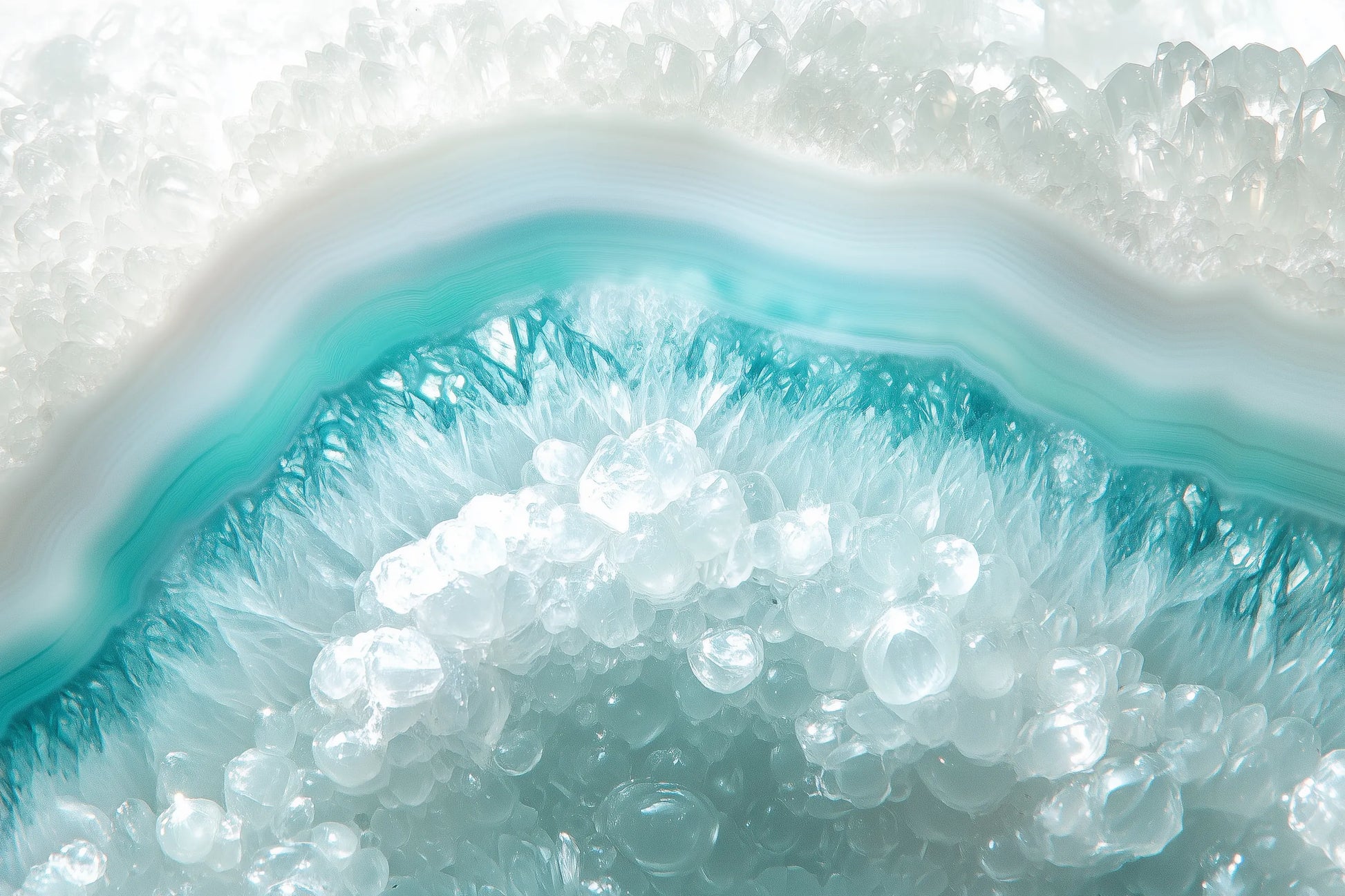 A close-up of a geode-like crystal formation with layered bands of white, turquoise blue, and clear faceted crystals.