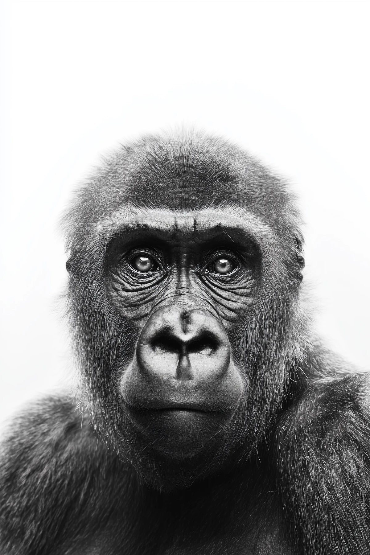 Black and white close-up portrait of a gorilla with detailed fur texture and expressive eyes against a plain light background.