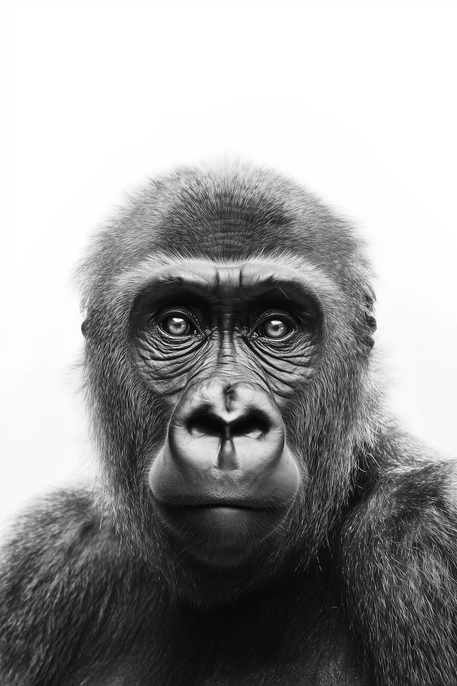 Black and white close-up portrait of a gorilla with detailed fur texture and expressive eyes against a plain light background.