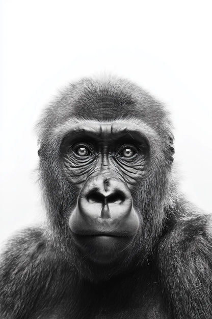 Black and white close-up portrait of a gorilla with detailed fur texture and expressive eyes against a plain light background.