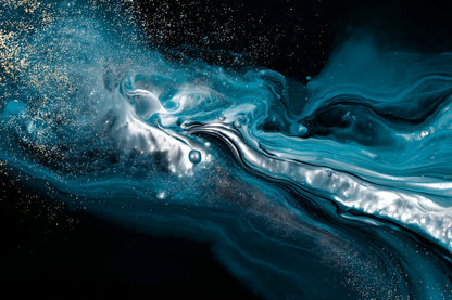 Abstract fluid art print featuring swirling teal, blue, white, and black marbled patterns with scattered gold glitter-like speckles.