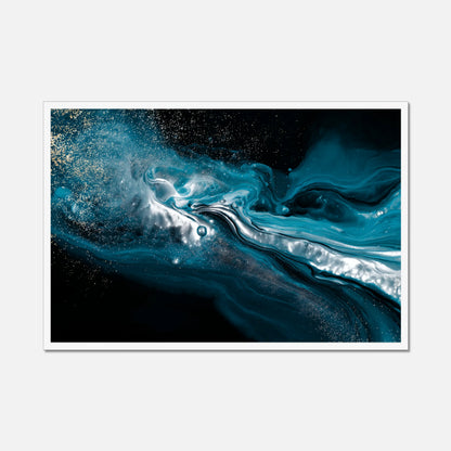White framed abstract artwork with swirling blue and black colors on a white background