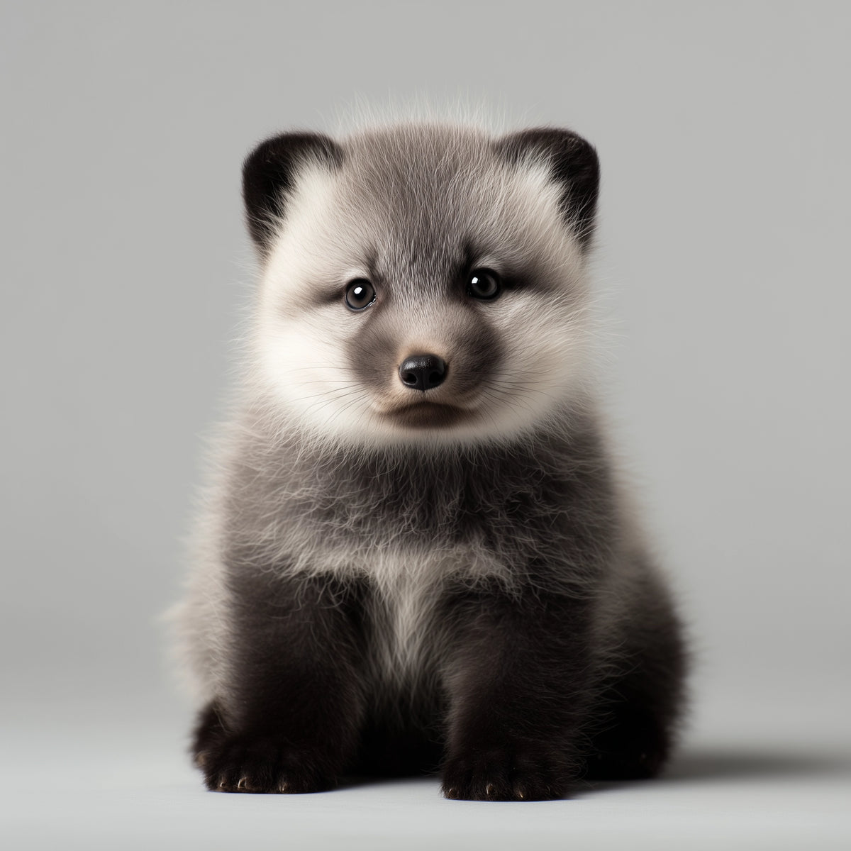 A fluffy gray and black arctic fox with a white ruff around its neck, sitting against a solid light gray background.