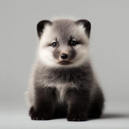 A fluffy gray and black arctic fox with a white ruff around its neck, sitting against a solid light gray background.