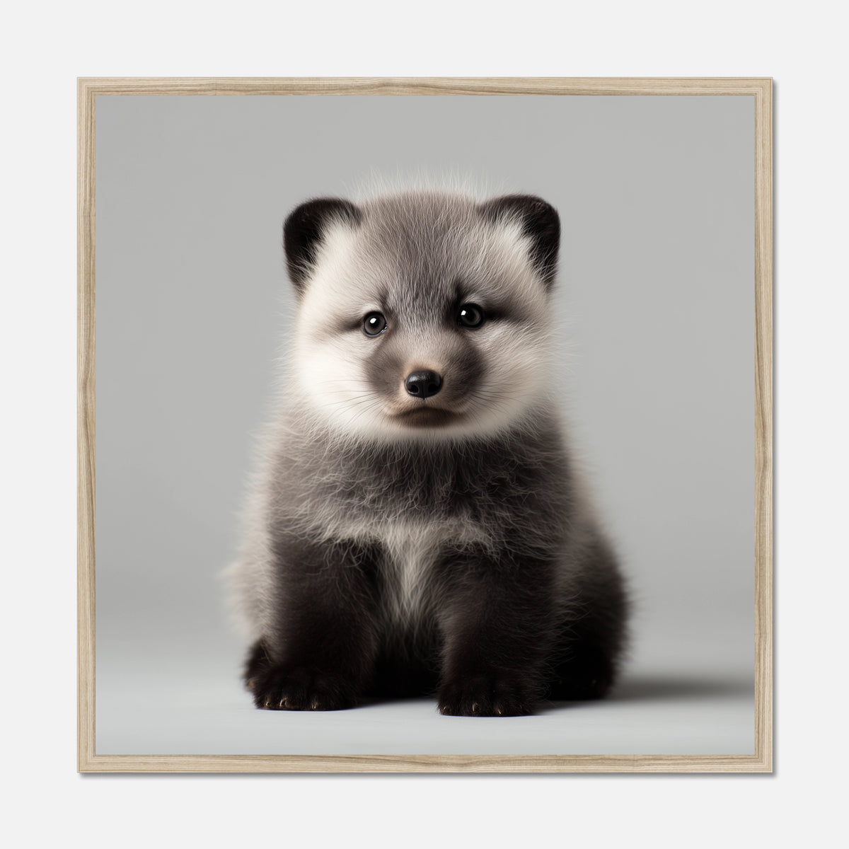 Natural oak framed photograph of an arctic fox on a grey background.
