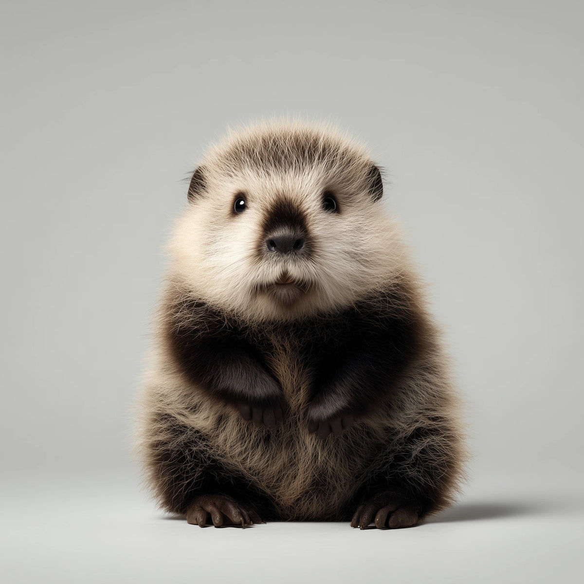 A small beaver sitting upright against a plain light gray studio background.
